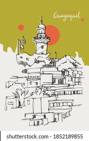 Vector hand drawn sketch illustration of Santa Ana Hill in Guayaquil, Ecuador