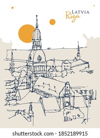 Vector hand drawn sketch illustration of Riga, the capital of Latvia