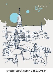 Esbozo dibujado a mano vectorial ilustración de Riga, la capital de Letonia