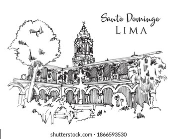 Vector hand drawn sketch illustration of Basilica and Convent of Santo Domingo in Lima, Peru