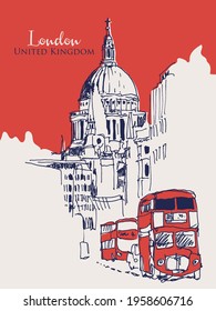 Vector hand drawn sketch illustration of London with the views of cathedral dome and typical buses, United Kingdom