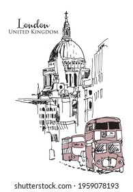 Vector hand drawn sketch illustration of London with the views of cathedral dome and typical buses, United Kingdom