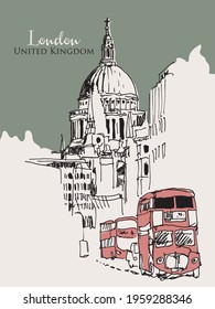 Vector hand drawn sketch illustration of London with the views of cathedral dome and typical buses, United Kingdom