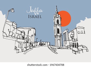 Esbozo dibujado a mano vectorial, ilustración de la antigua torre del reloj otomano en Jaffa cerca de Tel Aviv, Israel