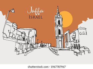 Vector hand drawn sketch illustration of the old Ottoman Clocktower in Jaffa near Tel Aviv, Israel