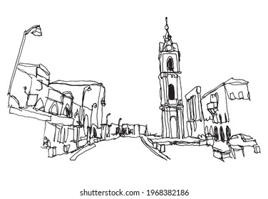 Vector hand drawn sketch illustration of the old Ottoman Clocktower in Jaffa near Tel Aviv, Israel