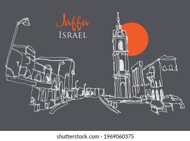 Vector hand drawn sketch illustration of the old Ottoman Clocktower in Jaffa near Tel Aviv, Israel