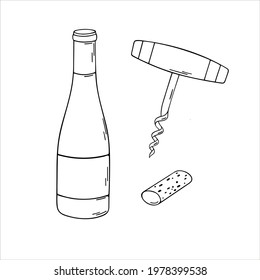 Vector hand drawn sketch illustration of wine set. Bottle, cork, corkscrew, isolated on white background. Doodle design elements set. EPS 10.