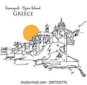 handgezeichnete Vektorgrafik der Küste der Stadt Ermoupoli auf der Insel Syros, Griechenland