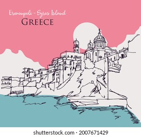 Esbozo dibujado a mano vectorial ilustración de la costa de la ciudad de Ermoupoli en la isla de Syros, Grecia