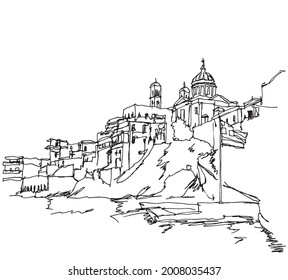 Esbozo dibujado a mano vectorial ilustración de la costa de la ciudad de Ermoupoli en la isla de Syros, Grecia