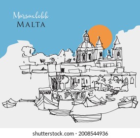 Vector hand drawn sketch illustration of Marsaxlokk coastline in Malta