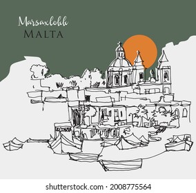 Esbozo dibujado a mano vectorial ilustración de la costa de Marsaxlokk en Malta