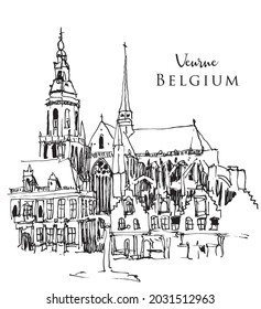 Esbozo dibujado a mano vectorial ilustración de la Plaza del Mercado en la ciudad de Veurne de Beligum