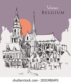 Vector hand drawn sketch illustration of the Market Square in Veurne city of Beligum