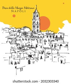 Vector hand drawn sketch illustration of Parco della Murgia Materana in Matera, Italy