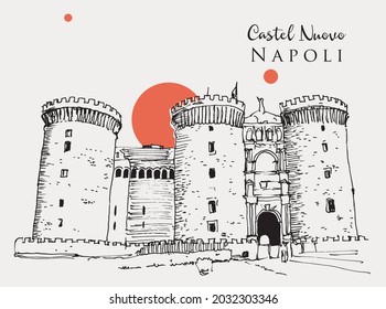 Vector hand drawn sketch illustration of Castel Nuovo in naples, Italy