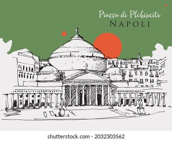 Vector hand drawn sketch illustration of Piazza di Plebiscito in Naples, Italy