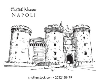 Vector hand drawn sketch illustration of Castel Nuovo in naples, Italy