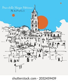 Vector hand drawn sketch illustration of Parco della Murgia Materana in Matera, Italy