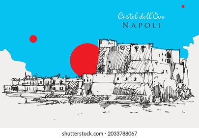 Vector hand drawn sketch illustration of Castel dell'Ovo in Naples, Italy