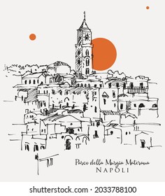 Vector hand drawn sketch illustration of Parco della Murgia Materana in Matera, Italy