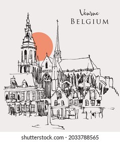 Vector hand drawn sketch illustration of the Market Square in Veurne city of Beligum