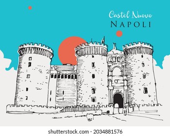 Vector hand drawn sketch illustration of Castel Nuovo in naples, Italy