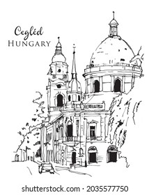 Vector hand drawn sketch illustration of the Calvinist Church of Cegled, Hungary