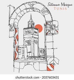 Vector hand drawn sketch illustration of Zitouna Mosque in Tunis, Tunisia