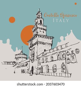 Vector hand drawn sketch illustration of Castello Sforzesco in Milan, Italy