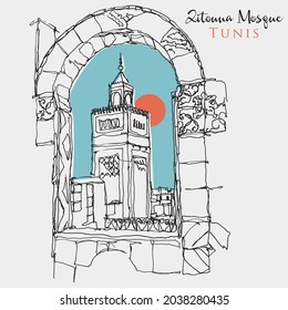 Vector hand drawn sketch illustration of Zitouna Mosque in Tunis, Tunisia