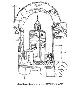 Vector hand drawn sketch illustration of Zitouna Mosque in Tunis, Tunisia