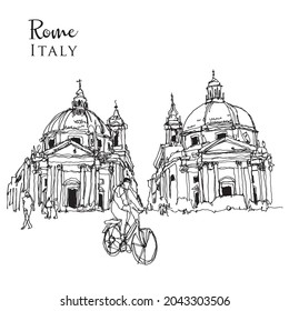 Vector hand drawn sketch illustration of Santa Maria dei Miracoli and Santa Maria in Montesanto churches, or the Twin Churches in Rome, Italy