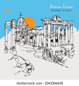 Vector Hand Drawn Sketch Illustration Of The Roman Forum In Rome, Italy