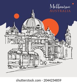 Vector hand drawn sketch illustration of Flinder Street Central Station in Melbourne, Australia