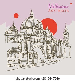 handgezeichnete Vektorgrafik-Illustration von Flinder Street Central Station in Melbourne, Australien