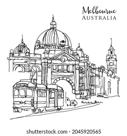 Vector hand drawn sketch illustration of Flinder Street Central Station in Melbourne, Australia