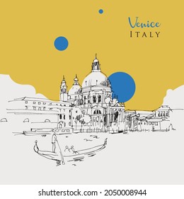 Vector hand drawn sketch illustration of Santa Maria della Salute Church in Venice, Italy.