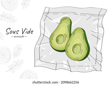 Vector hand drawn sketch illustration of avocado. Sous-Vide Slow Cooking Technology.