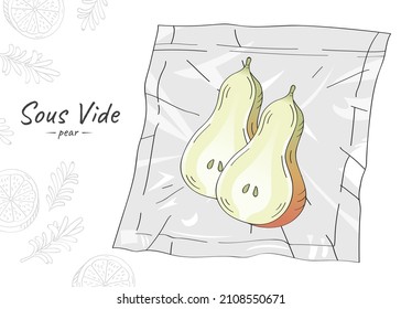 Vector hand drawn sketch illustration of half a pears. Sous-Vide Slow Cooking Technology.
