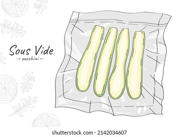 Vector hand drawn sketch illustration of zucchini slices. Sous-Vide Slow Cooking Technology.