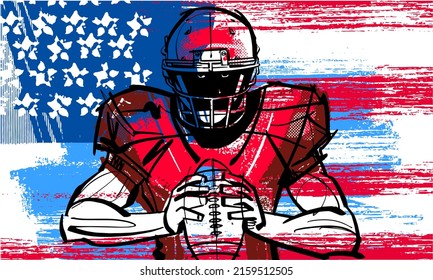 The vector hand drawn sketch illustration American player with ball