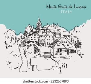 Vector hand drawn sketch illustration of Monte Santo di Lussari, a small ski resort in Northern Italy.