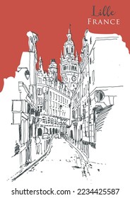 Vector hand drawn sketch illustration of Lille, with the tower of the Lille town hall, France