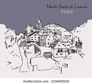 Vector hand drawn sketch illustration of Monte Santo di Lussari, a small ski resort in Northern Italy.