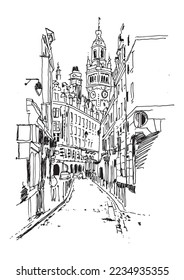 Vector hand drawn sketch illustration of Lille, with the tower of the Lille town hall, France