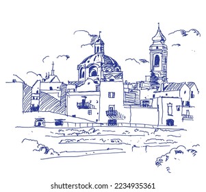 Vector hand drawn sketch illustration of Locorotondo, a town and municipality of the Metropolitan City of Bari, Apulia, southern Italy