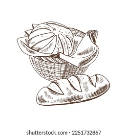 Vector hand drawn sketch  illustration of wicker basket with loaf of bread.Drawing isolated on white background. Sketch icon and bakery element.