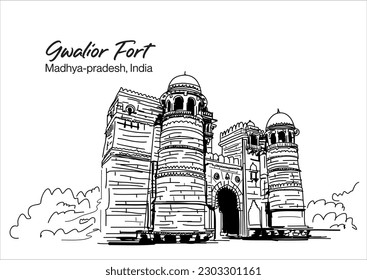 Esbozo dibujado a mano por vectores, ilustración de Gwalior Fort en Madhya Pradesh, India